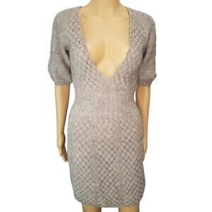 Wool Bodycon Gray Knit Sweater Mini Dress Deep Plunge Neckline Short Sleeve XS
